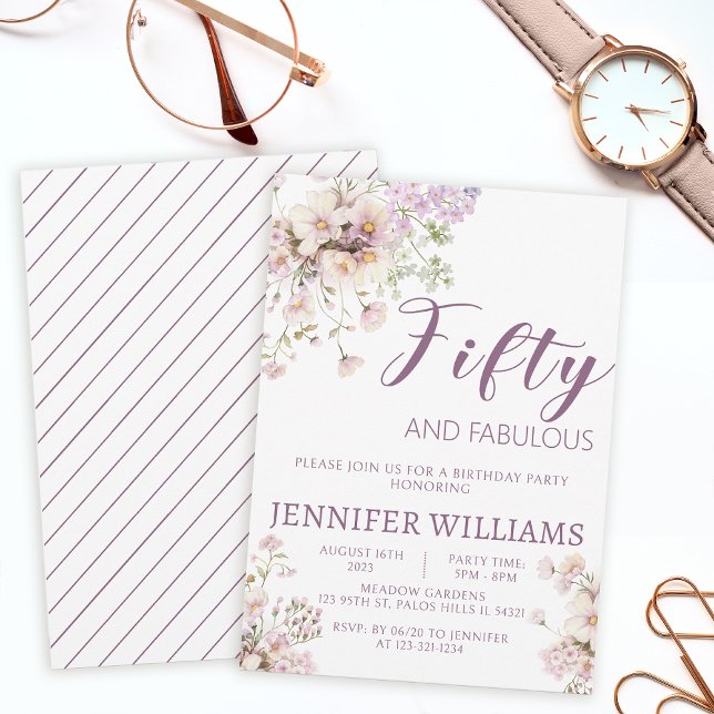 Lavender floral Fabulous fifty 50th birthday Invitation (Creator Uploaded)
