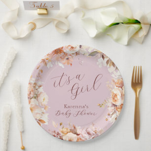 Lavender Floral Fall It's a Girl Baby Shower Paper Plate