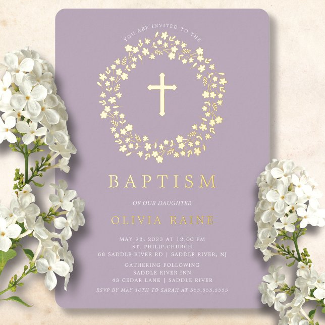 Lavender Floral First Baptism Foil Invitation (Creator Uploaded)