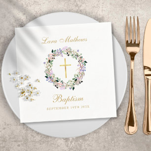 Lavender Floral Garland Gold Baptism Christening Napkin