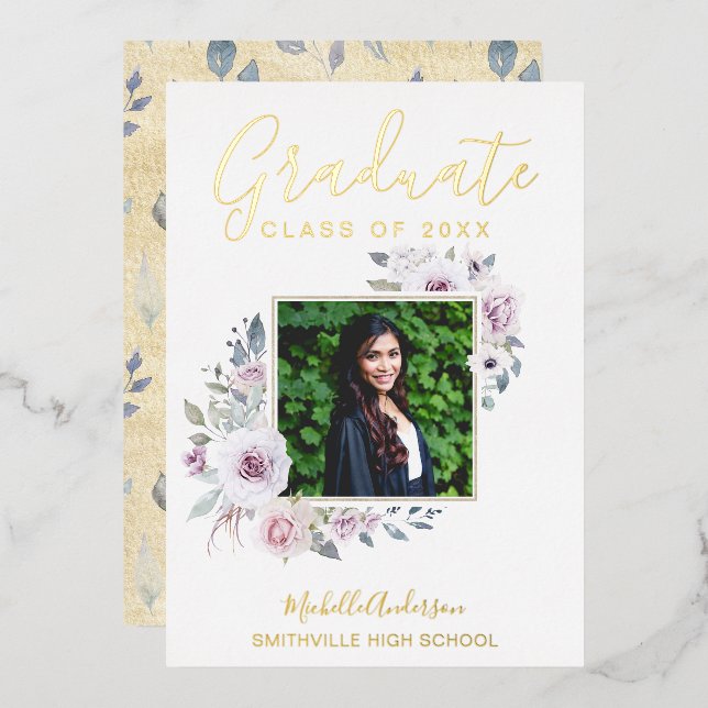 Lavender Floral Gold Foil Photo Graduation (Front/Back)