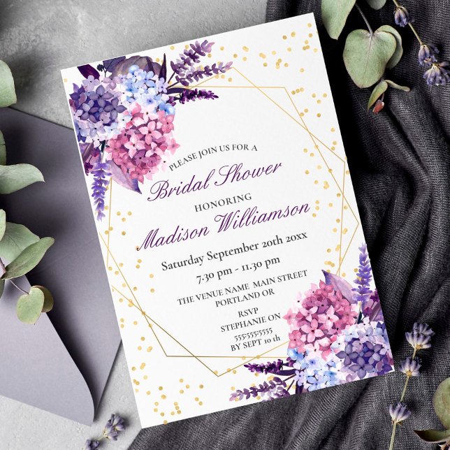 Lavender Floral Gold Geometric Bridal Shower  Invitation (Creator Uploaded)