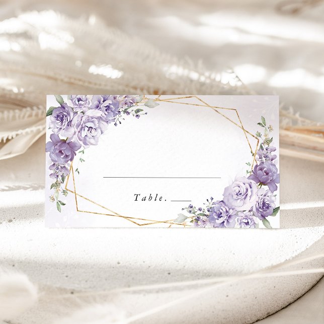 Lavender Floral Gold Geometric Wedding Place Card (Lavender Floral Gold Geometric Wedding Place Card, elegant purple rose escort card, name card)