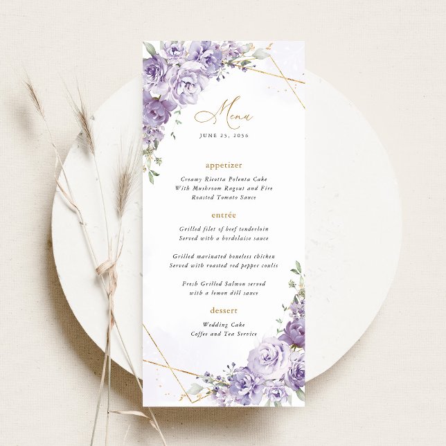 Lavender Floral Gold Geometric Wedding Reception Menu (Lavender Floral Gold Geometric Wedding Menu Card, Elegant Purple Rose Reception Menu)