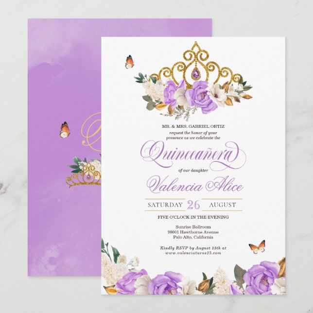 Lavender Floral Gold Tiara Butterfly Quinceanera Invitation (Front/Back)