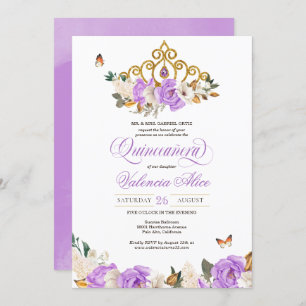 Lavender Floral Gold Tiara Butterfly Quinceanera Invitation