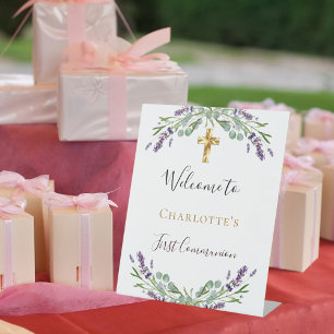 Lavender floral greenery First Communion welcome Pedestal Sign