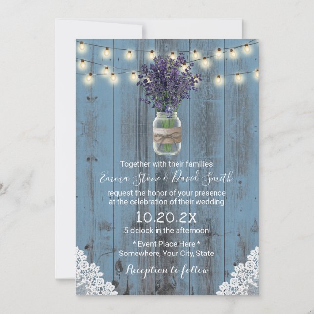 Lavender Floral Jar Dusty Blue Laced Barn Wedding Invitation (Front)