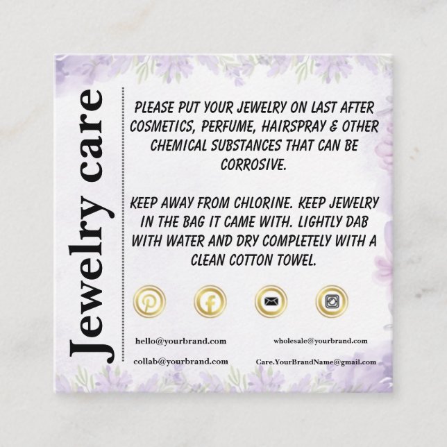 Lavender Floral Jewelry Care Enclosure Card (Front)