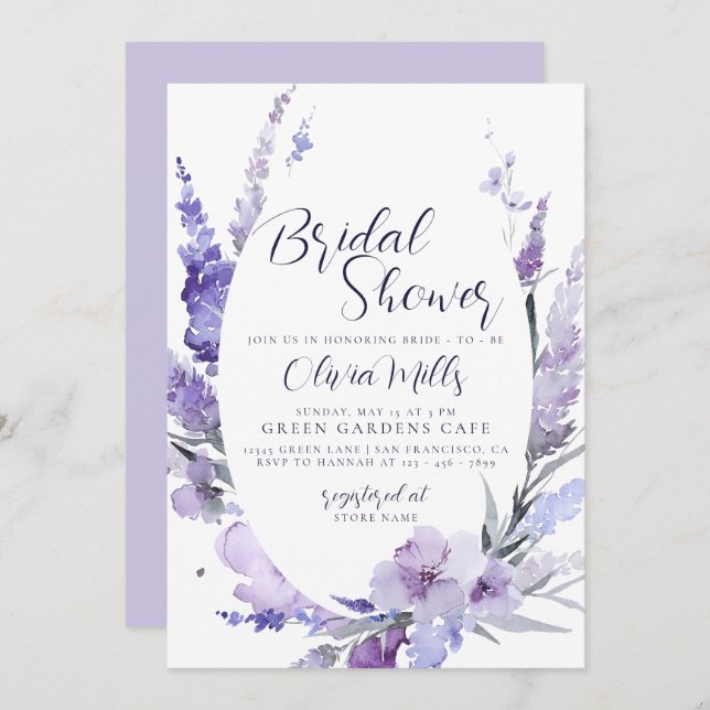 Lavender Floral Lilac Botanical Bridal Shower Invitation (Front/Back)