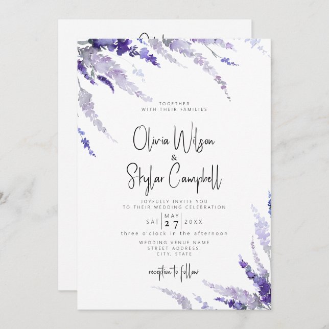 Lavender Floral Lilac QR Code All In One Wedding Invitation (Front/Back)