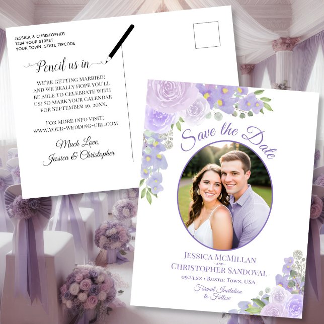 Lavender Floral Oval Photo Wedding Save the Date Announcement Postcard (Front/Back)