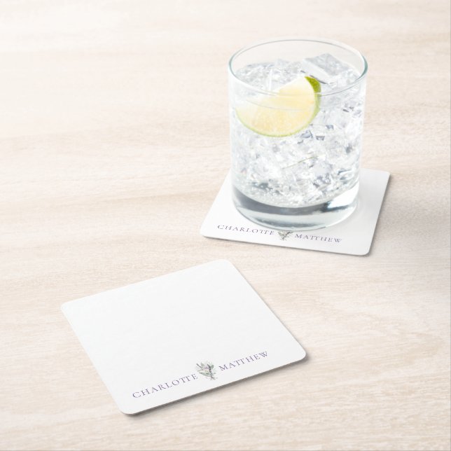 Lavender Floral Personalised Names Wedding Square Paper Coaster (Insitu)