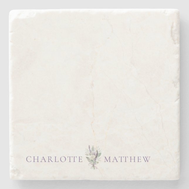 Lavender Floral Personalised Names Wedding Stone Coaster (Front)