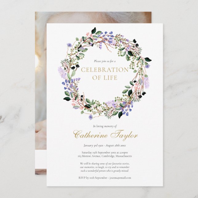 Lavender Floral Photo Celebration of Life Funeral Invitation (Front/Back)