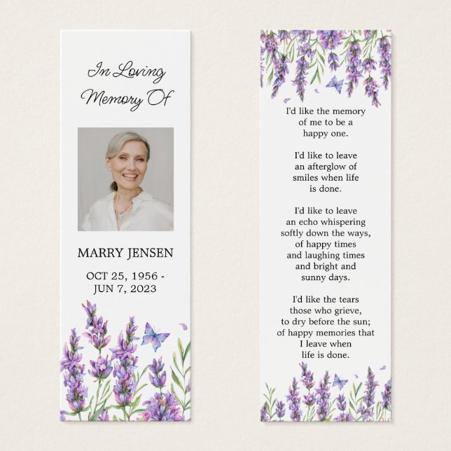 Lavender Floral Photo Funeral Memorial Bookmark (Front & Back)