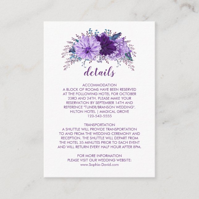 Lavender Floral Plum Purple Wedding Information Enclosure Card (Front)