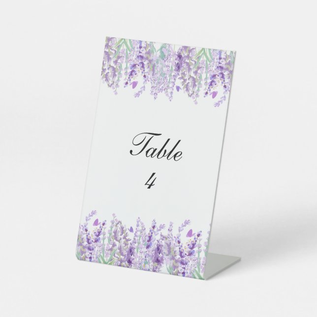 Lavender Floral Purple Green Table Number Wedding Pedestal Sign (Front)