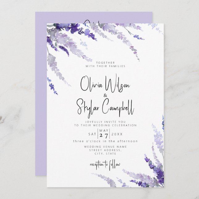 Lavender Floral Purple QR Code All In One Wedding Invitation (Front/Back)