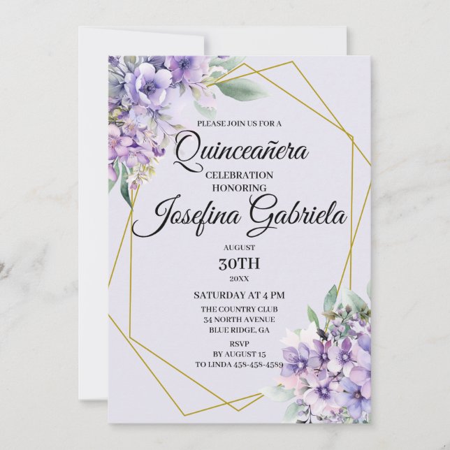 Lavender floral Quinceañera Invitation (Front)