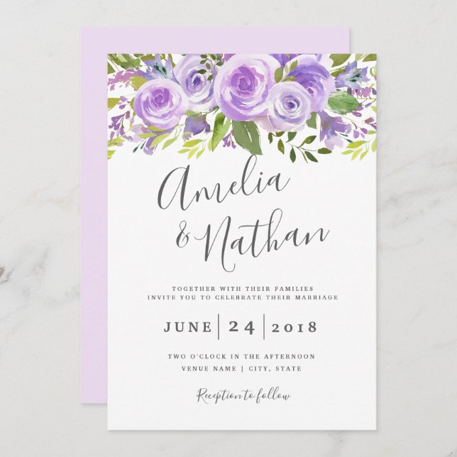 Lavender Floral Rose Wedding Invitation (Front/Back)