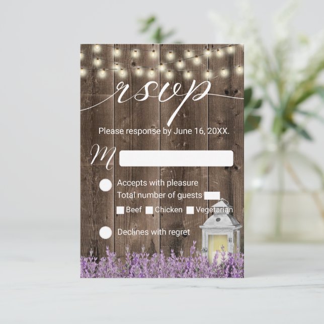 Lavender Floral Rustic Lantern Barn Wedding RSVP (Standing Front)