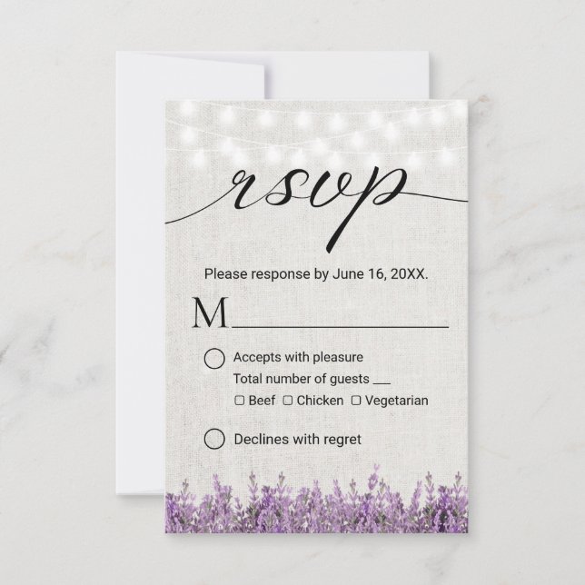 Lavender Floral Rustic Linen Wedding RSVP Card (Front)