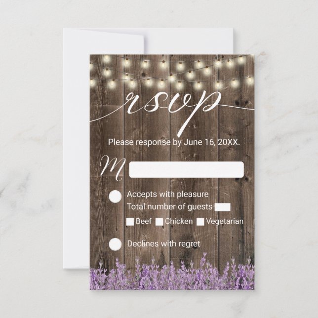 Lavender Floral Rustic String Lights Wedding RSVP (Front)