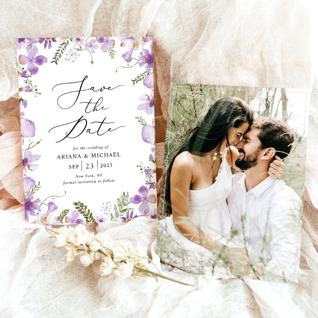 Lavender Floral Save The Date Photo Card (Creator Uploaded)