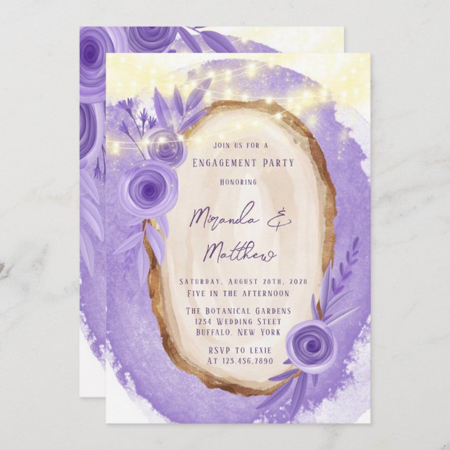 Lavender Floral String Of Lights Engagement Party Invitation (Front/Back)