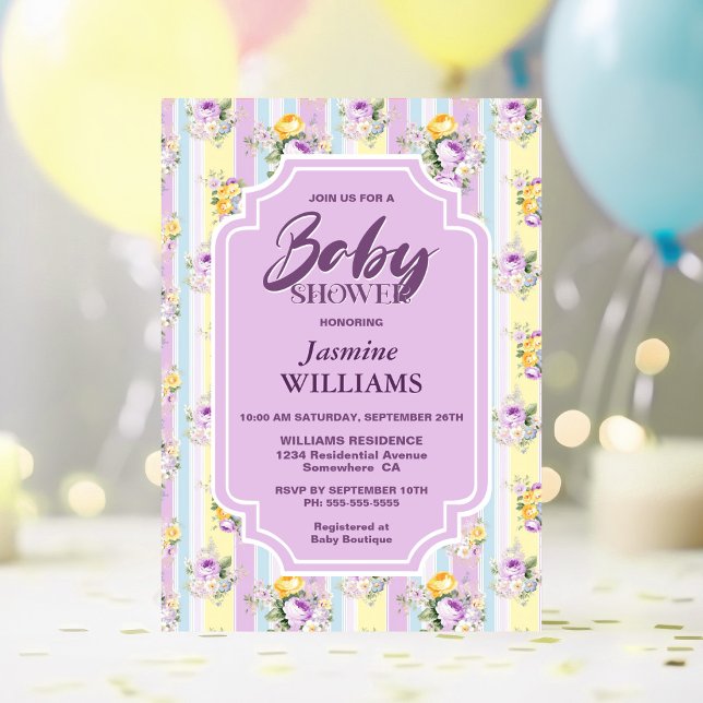 Lavender Floral Striped Baby Shower Invitation (Creator Uploaded)
