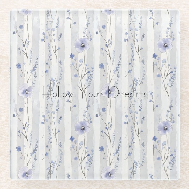 Lavender Floral Stripes Glass Coaster (Front)