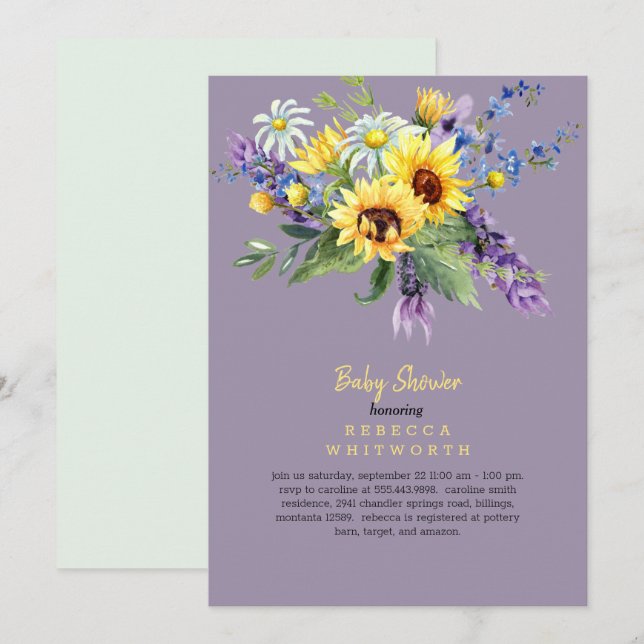 Lavender Floral Sunflower In Person Baby Shower Invitation (Front/Back)