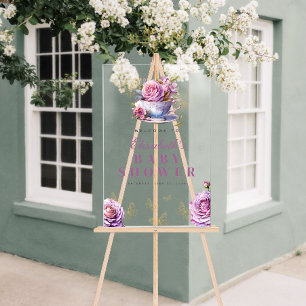Lavender Floral Tea Cup Baby Shower Welcome  Acrylic Sign