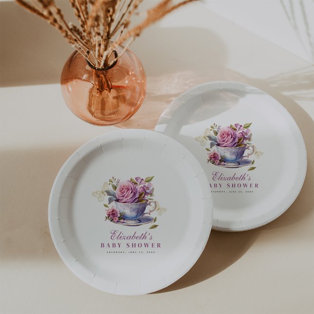 Lavender Floral Tea Cup Baby Tea Party Baby Shower Paper Plate (Lavender Floral Tea Cup Baby Tea Party Baby Shower Paper Plates #babyteaparty
#butterflybabyshower)