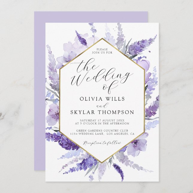 Lavender Floral Watercolor Gold Frame Wedding  Invitation (Front/Back)