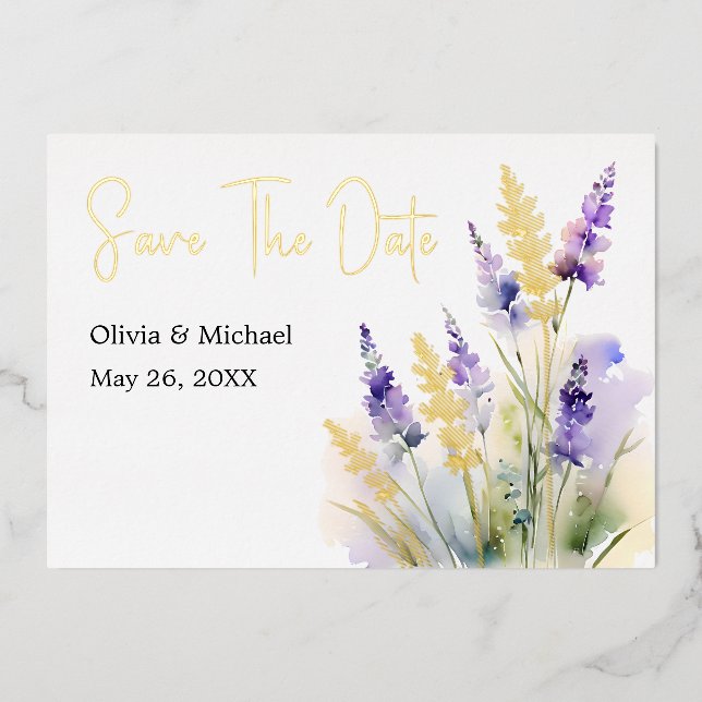 Lavender floral Watercolor Save the Dates card (Front)