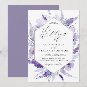 Lavender Floral Watercolor Silver Frame Wedding  Invitation