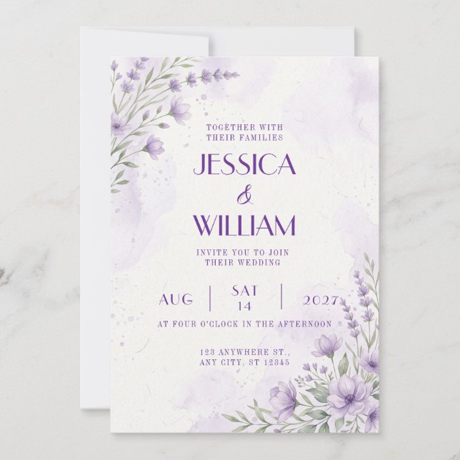 Lavender Floral Watercolor Wedding Invitation (Front)