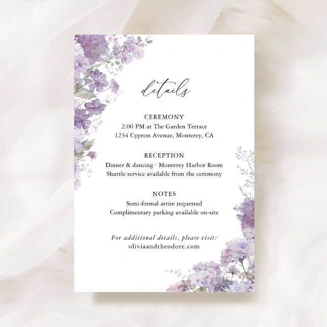 Lavender Floral Wedding Details, Information Enclosure Card (Lavender floral wedding details card with watercolor hydrangea, lilac, elegant wedding stationery)