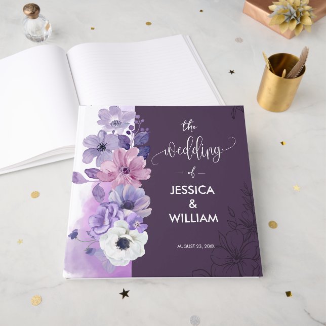 Lavender Floral Wedding Guest Book (Front Open)