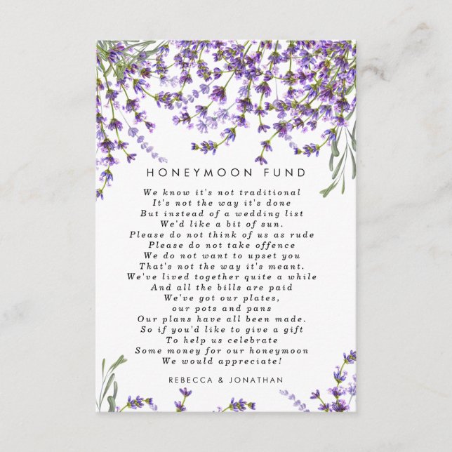lavender floral wedding honeymoon fund card (Front)