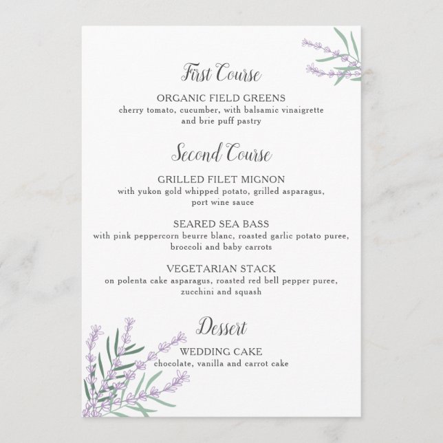 Lavender Floral Wedding Menu (Front)
