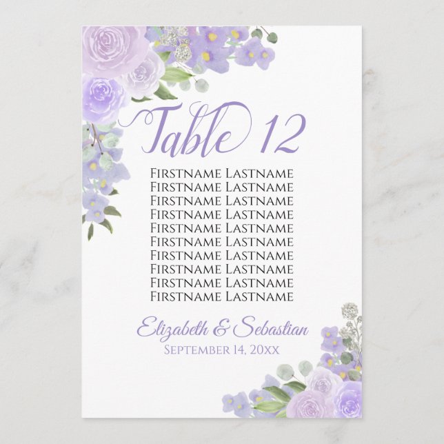 Lavender Floral Wedding Table Number & Names Large (Back)