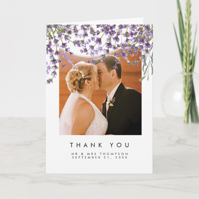 lavender floral wedding thank you photo card (Front)