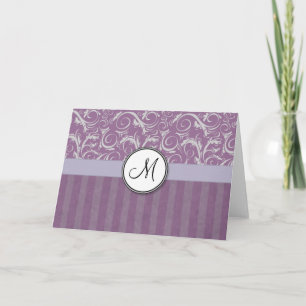 Lavender Floral Wisps & Stripes with Monogram Note Card