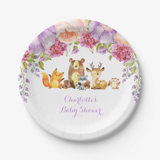 Lavender Floral Woodland Animals Baby Shower Paper Plate (Front)