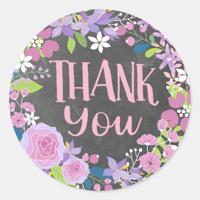 Lavender Floral Wreath Chalkboard Thank You Classic Round Sticker (Front)