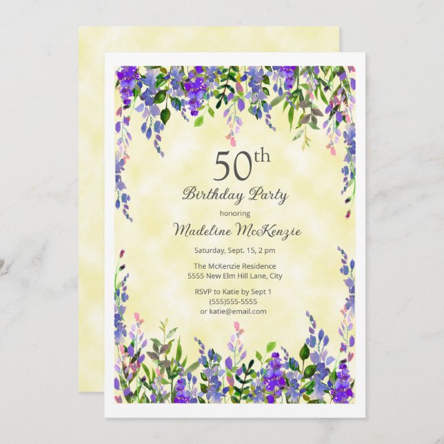 Lavender Floral Yellow 50th Birthday Party  Invitation (Front/Back)