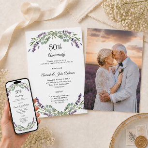 Lavender florals 50th wedding anniversary photo invitation